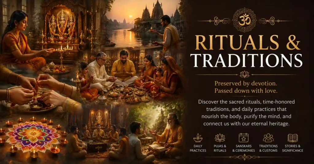 Hindu rituals and traditions category banner showing puja, family traditions, diyas and sacred customs