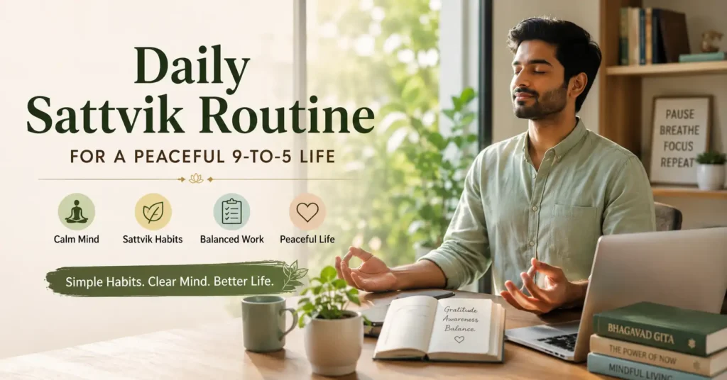 Woman meditating peacefully as part of a daily sattvik routine