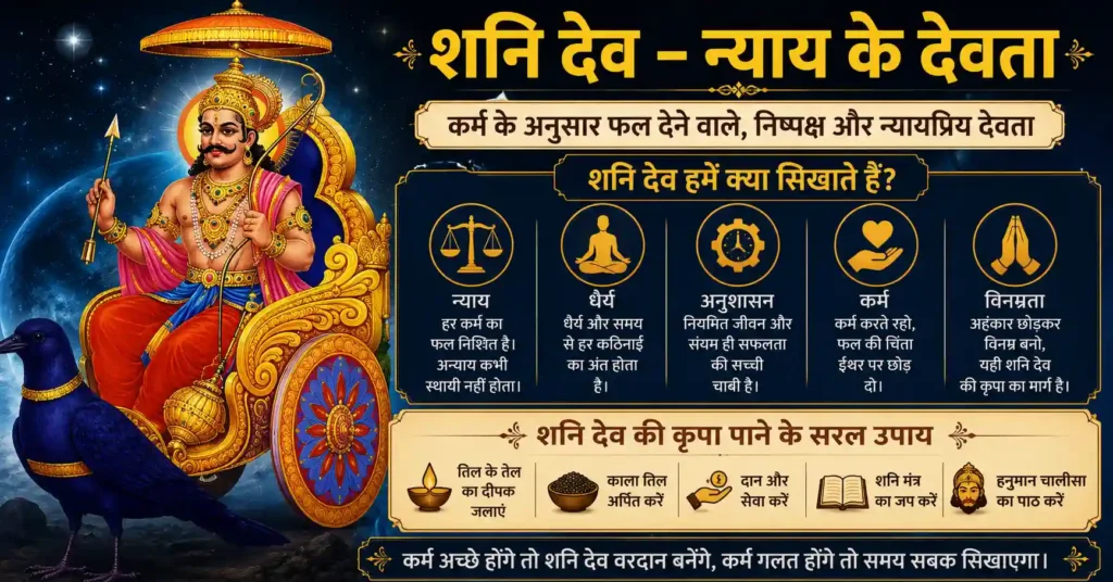 शनि देव कर्म, न्याय, अनुशासन और विनम्रता का संदेश देते हुए