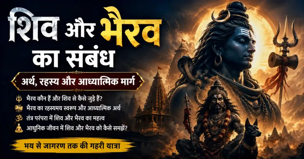 शिव और भैरव का संबंध दर्शाती आध्यात्मिक चित्रकला जिसमें भगवान शिव, काल भैरव और तांत्रिक प्रतीक दिखाई दे रहे हैं