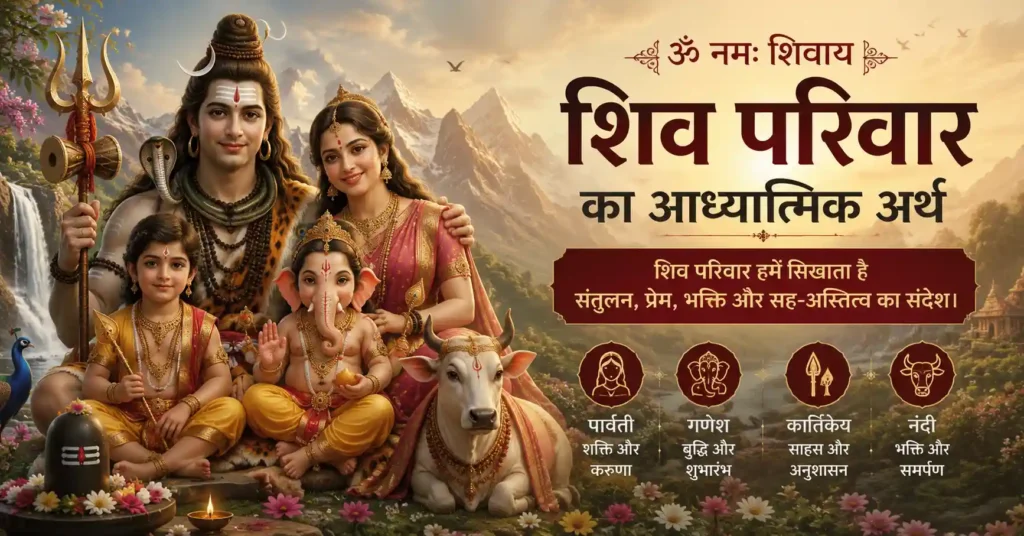 भगवान शिव परिवार का आध्यात्मिक अर्थ दर्शाता हुआ दिव्य चित्र
