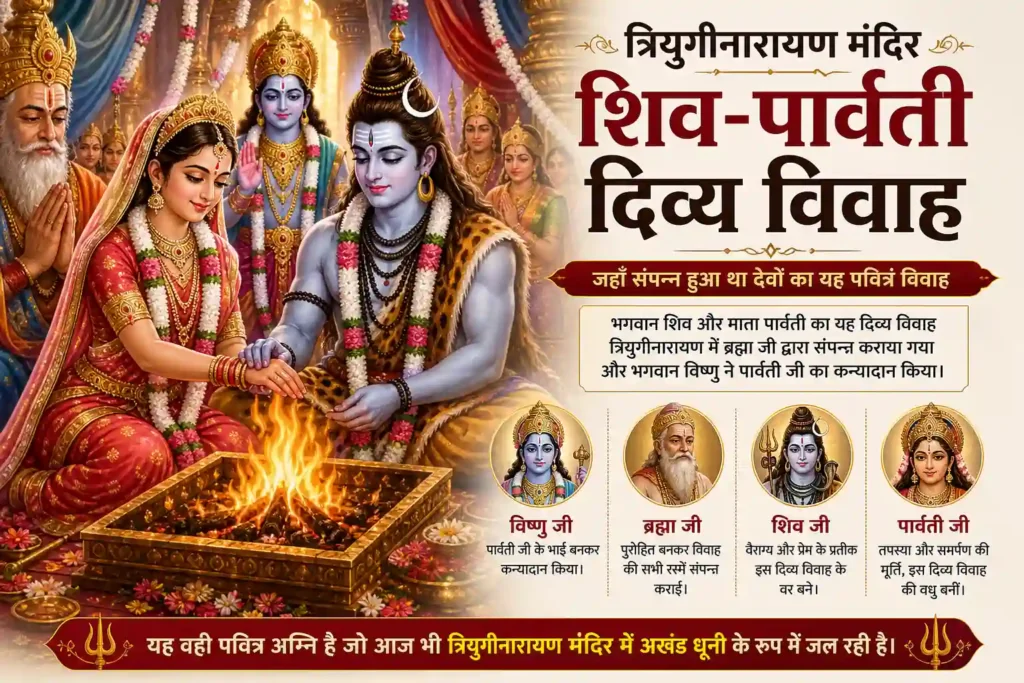शिव पार्वती का दिव्य विवाह त्रियुगीनारायण मंदिर में अग्नि के सामने संपन्न होता हुआ