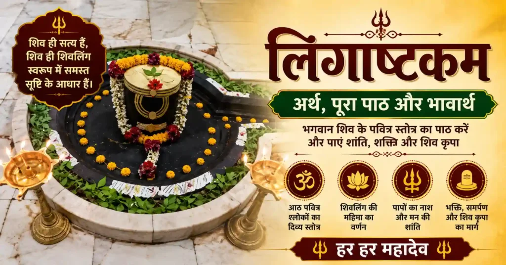 शिवलिंग के आध्यात्मिक अर्थ और लिंगाष्टकम स्तोत्र की महिमा दर्शाता हिंदी धार्मिक पोस्टर