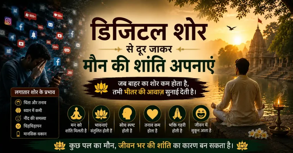 डिजिटल शोर से निकलकर मौन, ध्यान और inner calm की ओर बढ़ते व्यक्ति की आध्यात्मिक छवि