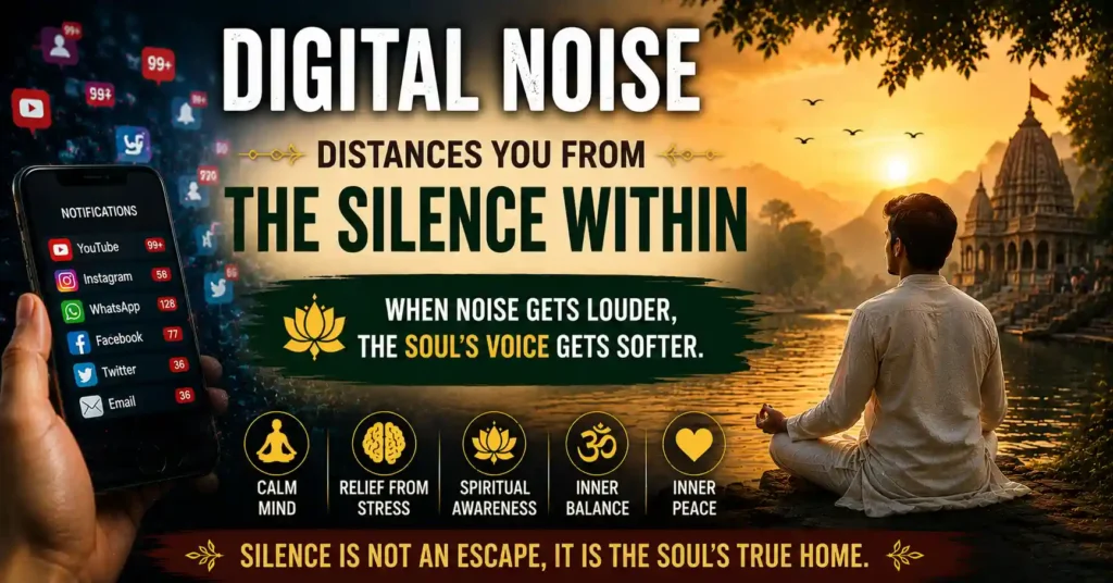 Spiritual illustration showing how silence heals the mind from constant digital noise and mental exhaustion