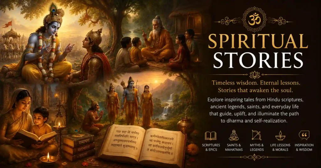 Spiritual stories category banner featuring Krishna, sages, scriptures and devotional storytelling