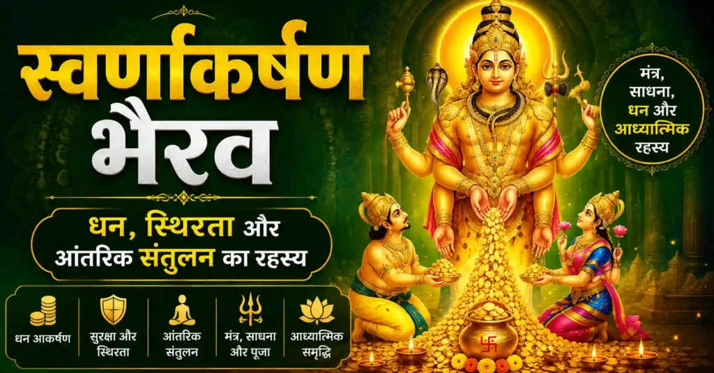 स्वर्णाकर्षण भैरव की दिव्य छवि जिसमें धन, स्थिरता, मंत्र, साधना और आध्यात्मिक संतुलन दर्शाया गया है