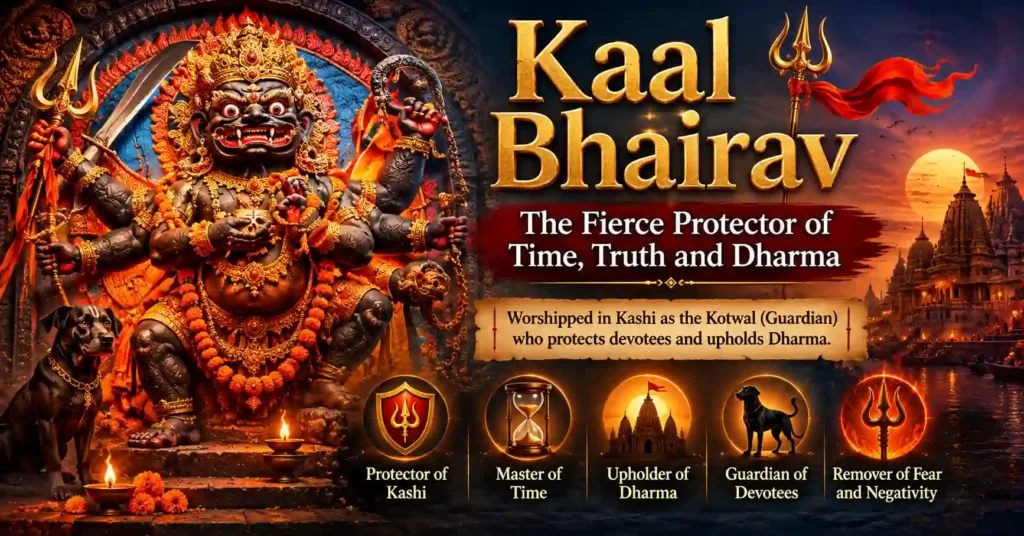 Sacred symbols associated with Kaal Bhairav including trident, dog, and spiritual protection