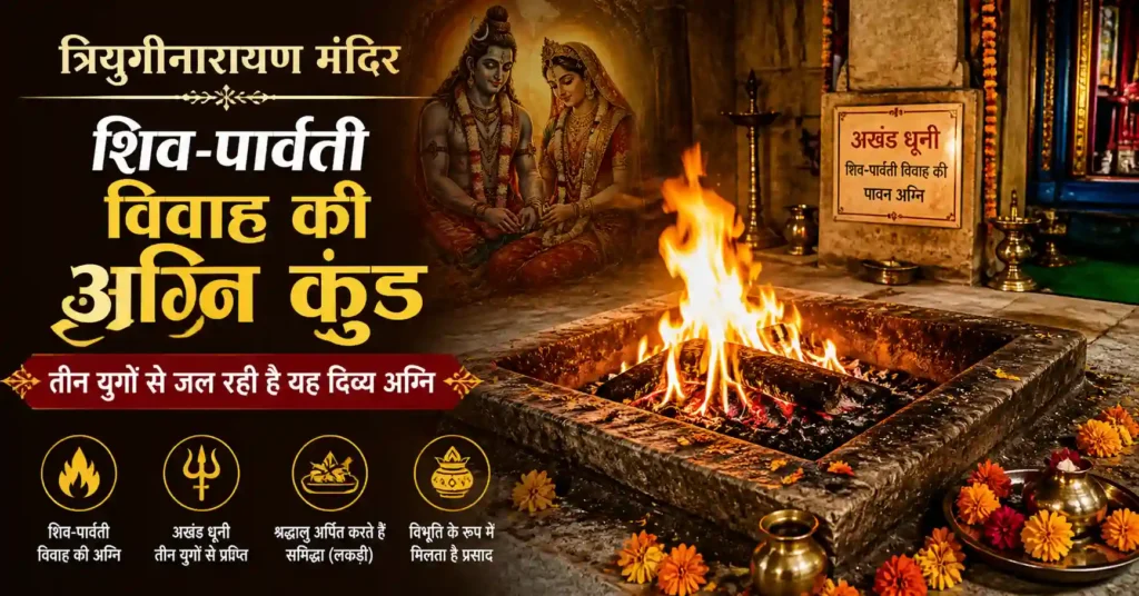 त्रियुगीनारायण मंदिर की अखंड धूनी जहाँ शिव पार्वती विवाह की पवित्र अग्नि जल रही है