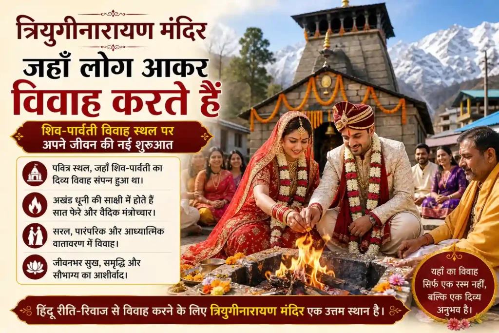 त्रियुगीनारायण मंदिर में विवाह करते हुए दूल्हा दुल्हन अखंड धूनी के सामने फेरे लेते हुए