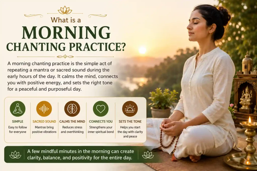 Woman practicing morning chanting during sunrise for peace, mindfulness and spiritual connection