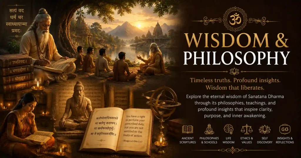 Wisdom and philosophy category banner featuring sages, scriptures, meditation and Sanatan teachings