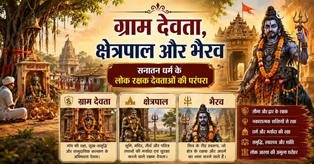 लोक रक्षक देवताओं की परंपरा और क्षेत्र संरक्षण को दर्शाता आध्यात्मिक चित्र