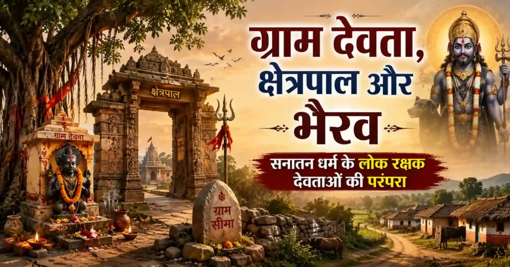 ग्राम देवता, क्षेत्रपाल और भैरव को दर्शाता हुआ चित्र, जिसमें गाँव का मंदिर, क्षेत्रपाल द्वार और भैरव की लोक रक्षक परंपरा दिखाई गई है