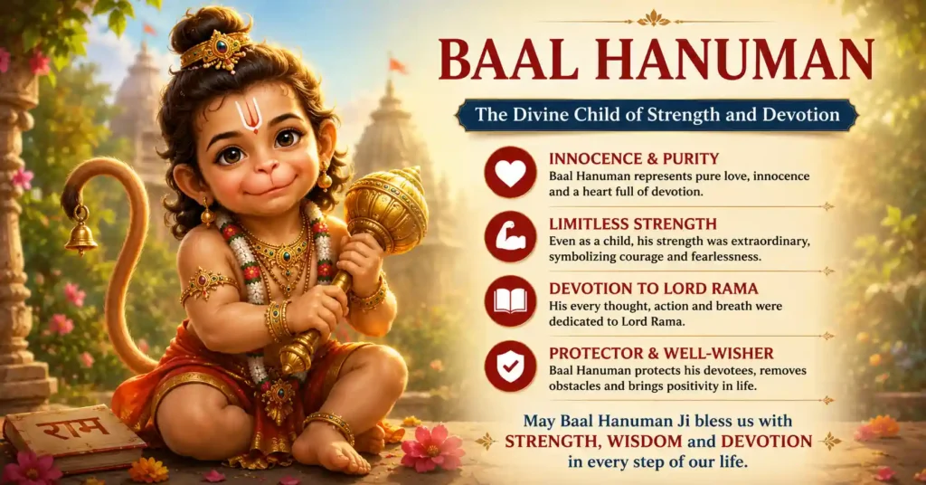 Baal Hanuman holding a golden mace, representing innocence, divine strength, courage, and devotion from childhood