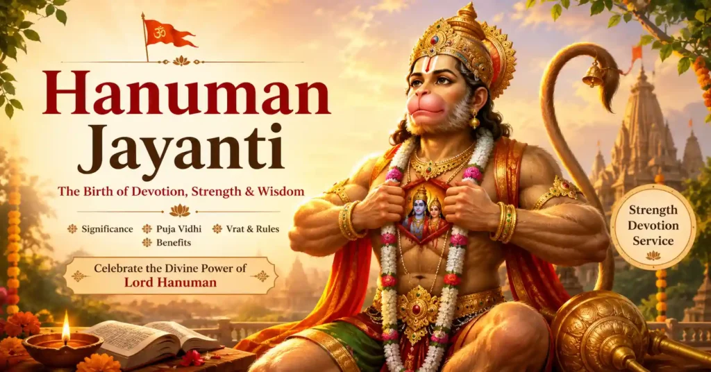 Lord Hanuman with Lord Rama symbolizing devotion, strength, wisdom, and the spiritual significance of Hanuman Jayanti