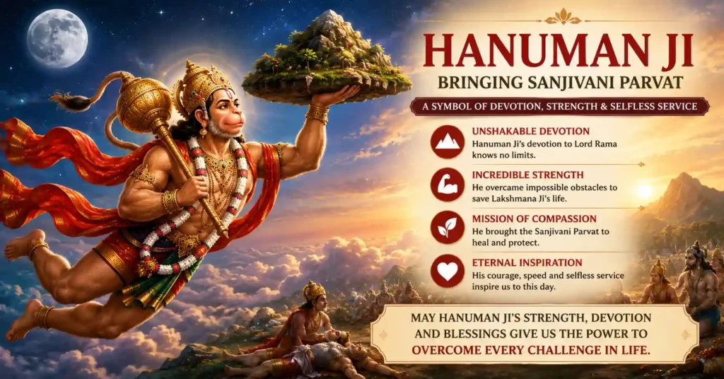 Lord Hanuman carrying the Sanjivani Parvat to save Lakshmana, symbolizing courage, faith, and selfless service