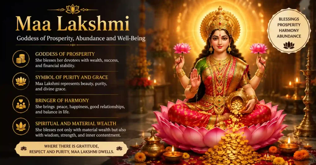 Maa Lakshmi blessing devotees with wealth, harmony, wisdom, and abundance in a radiant temple setting