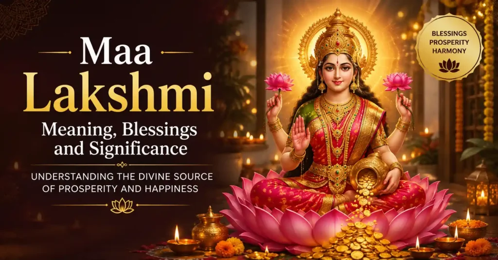 Divine illustration of Maa Lakshmi seated on a lotus, symbolizing prosperity, abundance, peace, and spiritual well-being