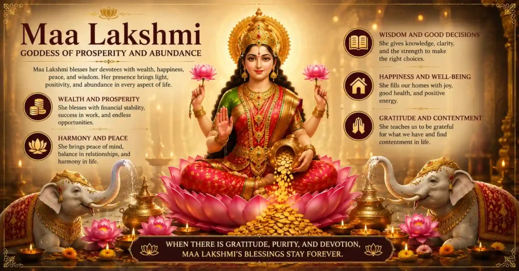 Devotional artwork of Maa Lakshmi with two elephants, highlighting prosperity, contentment, good decisions, and well-being