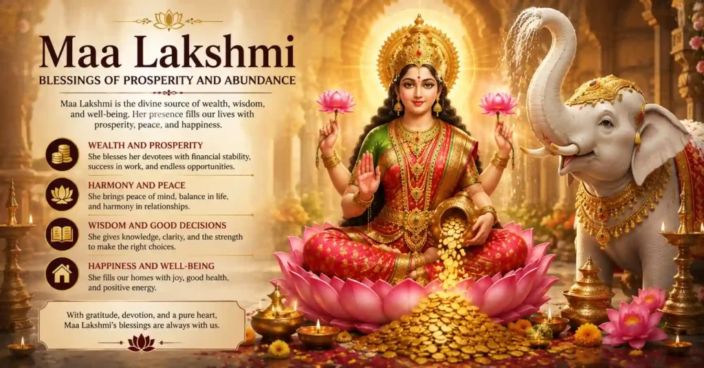 Maa Lakshmi seated on a lotus with a sacred elephant, representing prosperity, dignity, abundance, and divine blessings