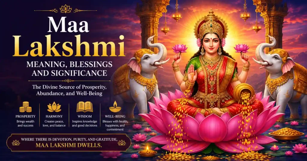 Devotional artwork of Maa Lakshmi on a lotus flanked by two elephants, representing wealth, well-being, gratitude, and spiritual abundance