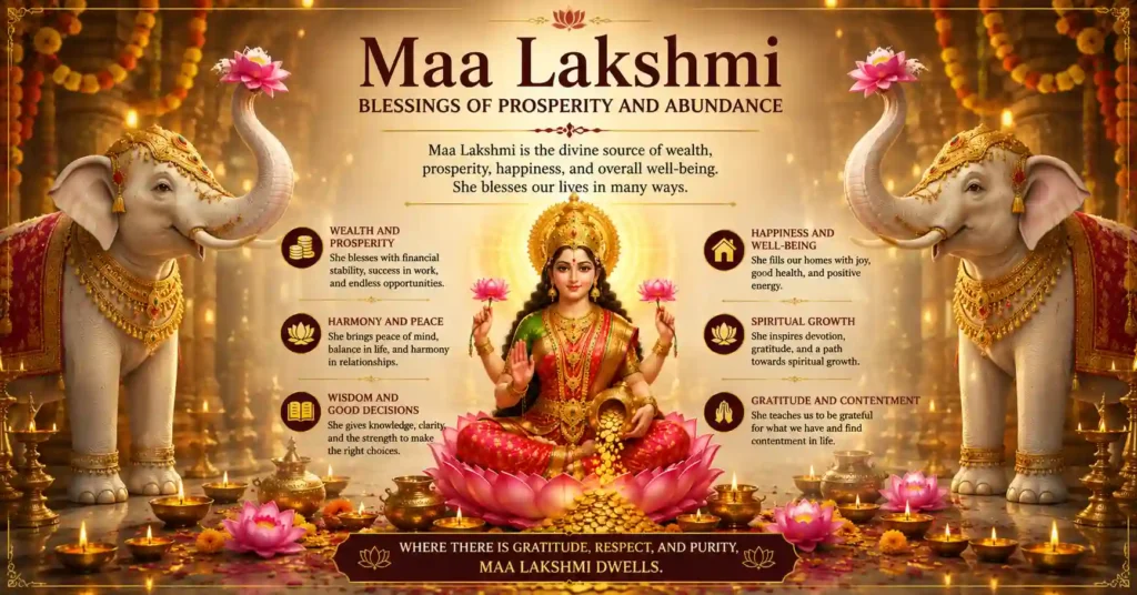 Maa Lakshmi surrounded by two elephants, symbolizing wealth, harmony, wisdom, gratitude, and spiritual growth