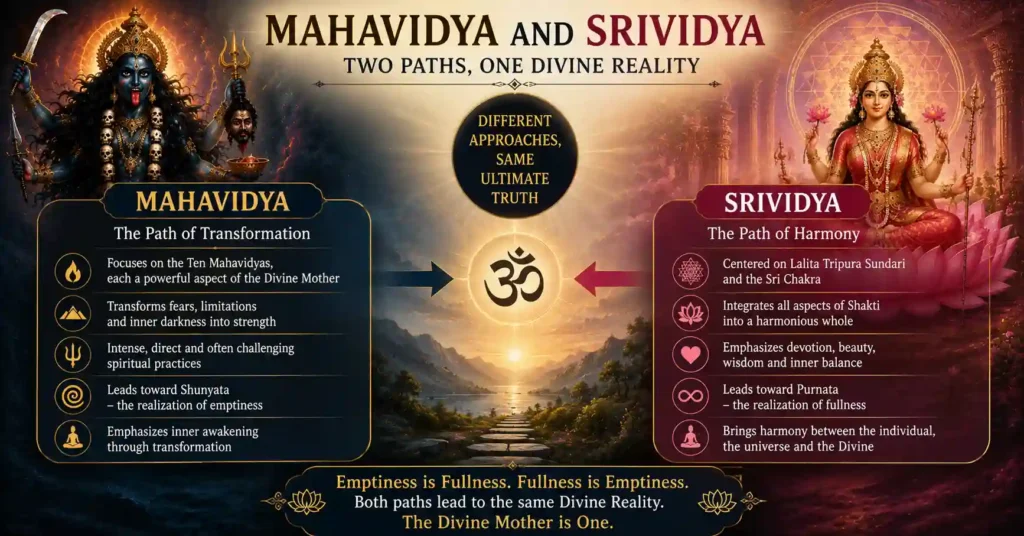 Spiritual illustration of Mahavidya and Srividya guiding seekers toward Shunyata, Purnata, and realization of the Divine Mother