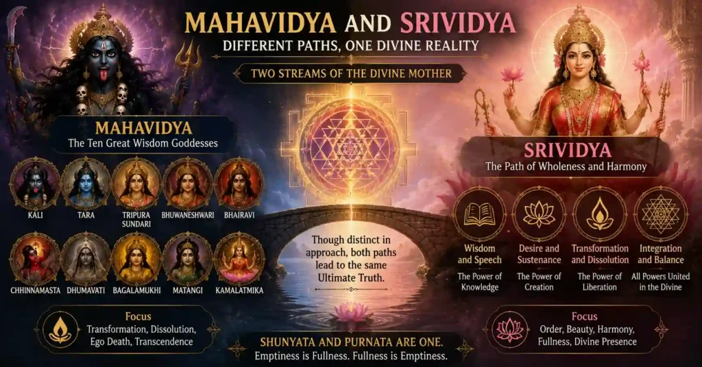 Symbolic illustration of Mahavidya and Srividya as two spiritual paths leading to the same Divine Mother and ultimate truth