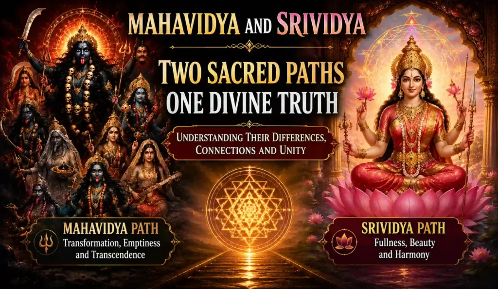 Featured illustration showing Mahavidya and Srividya as two sacred paths of Shakti, symbolizing transformation, harmony, and realization of the Divine Mother