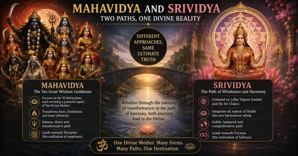 Sacred artwork showing the fierce and benevolent aspects of Shakti represented through Mahavidya and Srividya paths