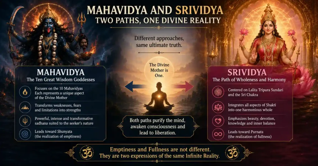 Visual comparison of Mahavidya and Srividya traditions highlighting transformation, harmony, and spiritual realization