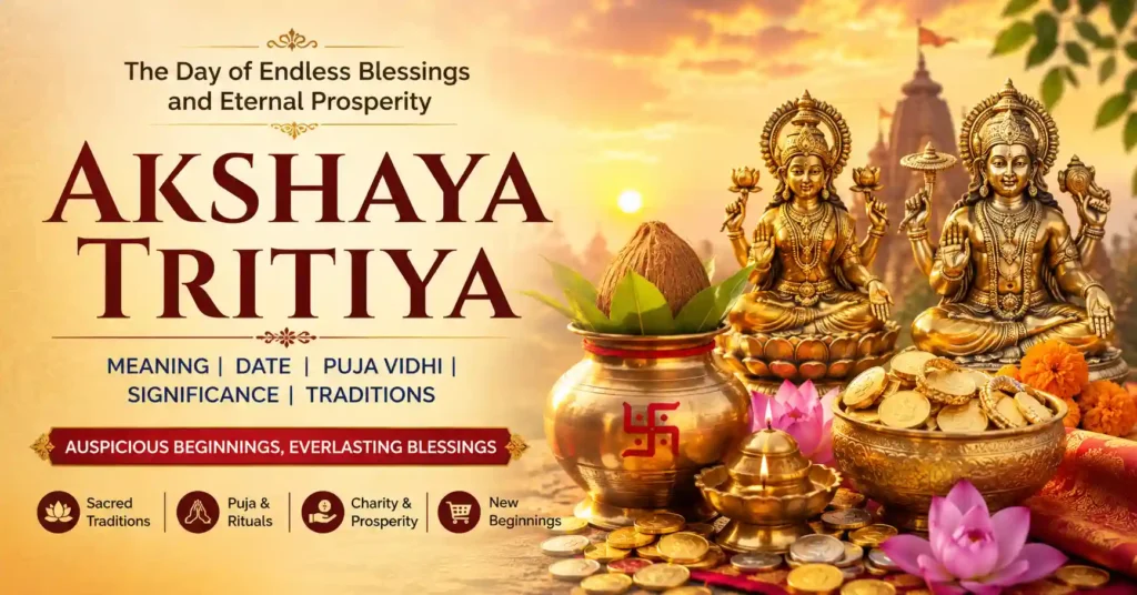 Akshaya Tritiya festival with Lord Vishnu, Goddess Lakshmi, kalash, gold coins and sacred puja items symbolising prosperity and new beginnings
