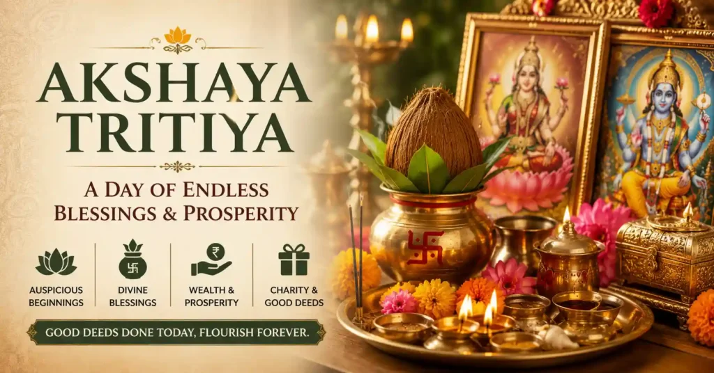 Devotees performing Akshaya Tritiya puja at home with Lord Vishnu and Goddess Lakshmi, diya, kalash and flowers