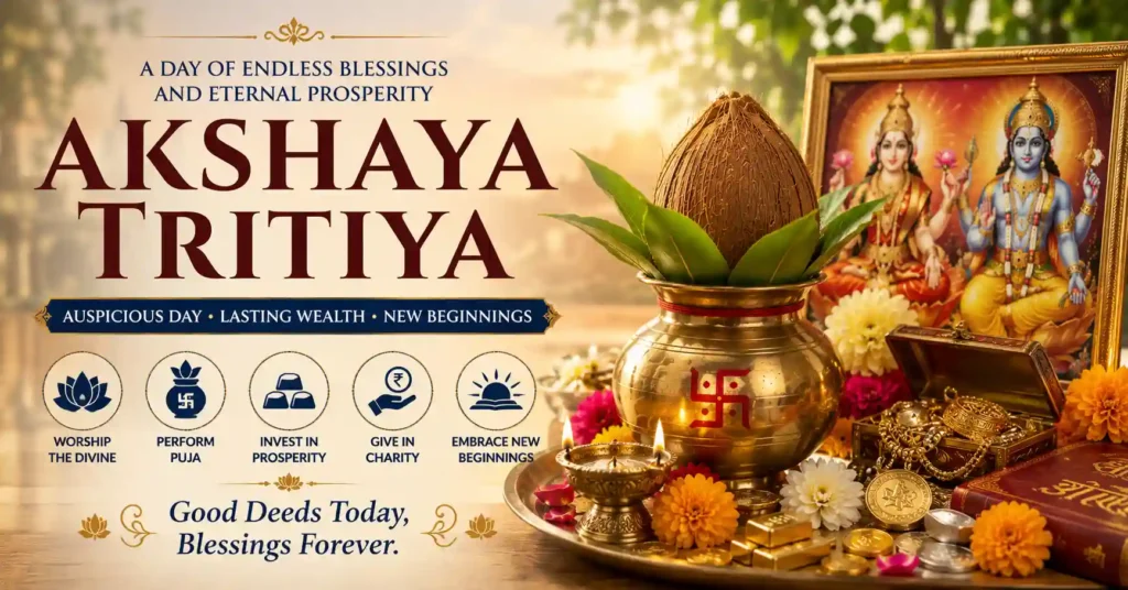 Devotees offering prayers at a Hindu temple during Akshaya Tritiya with lamps, flowers and devotional worship