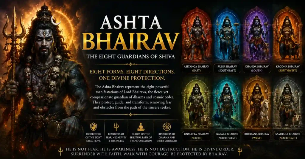 Artistic representation of the Ashta Bhairav as guardians of the eight directions, highlighting their role in protection, discipline, and spiritual transformation.