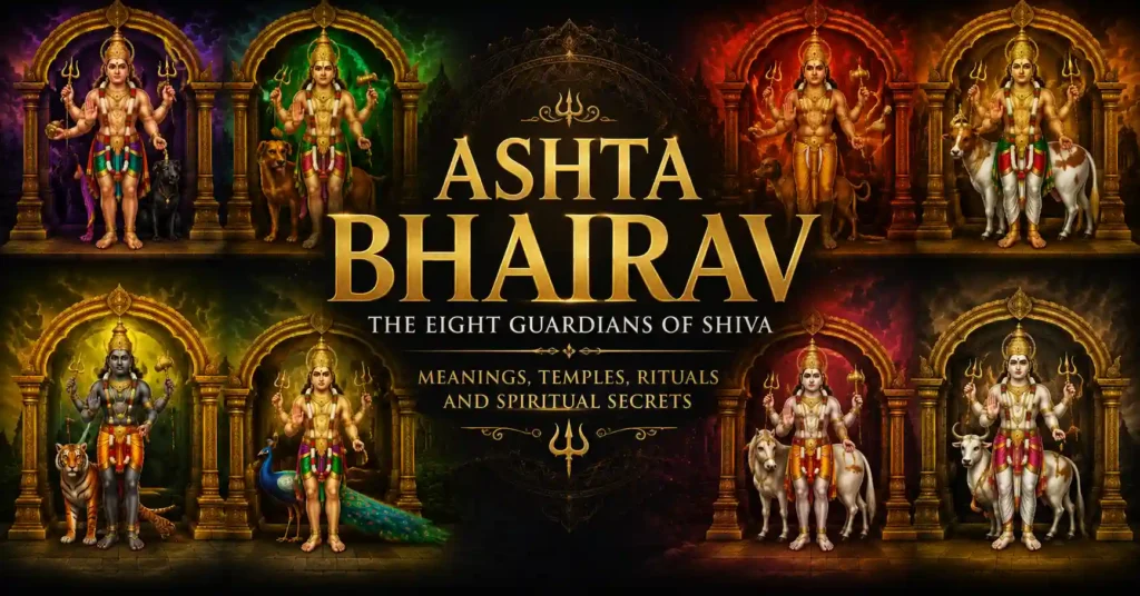 Ashta Bhairav, the eight guardians of the directions, depicted as powerful forms of Lord Bhairava with their symbolic vehicles and divine attributes.