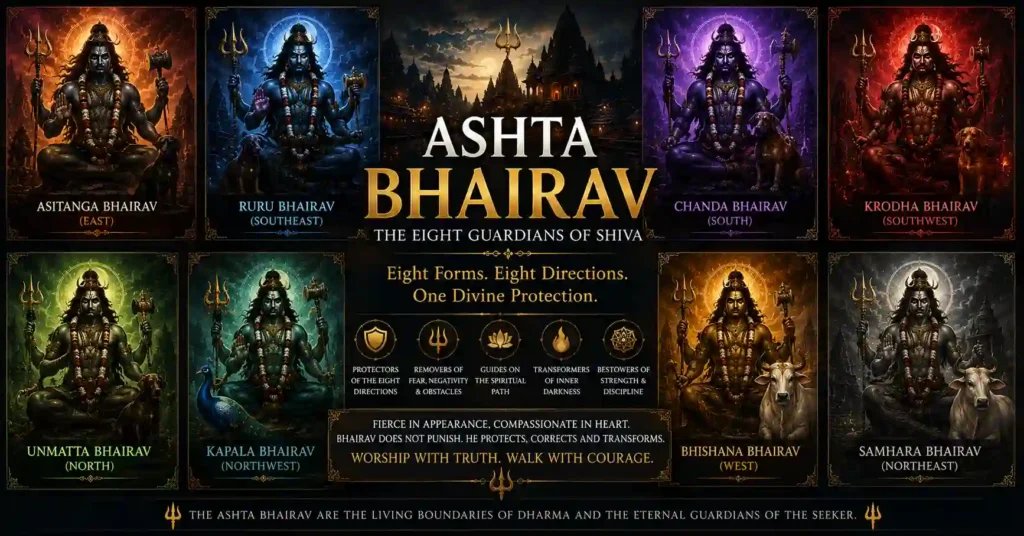 Detailed chart of the eight forms of Ashta Bhairav with their directions, symbolism, and spiritual qualities in Shaiva tradition.