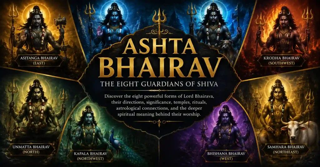 Infographic showing the Ashta Bhairav and their spiritual significance as the eight manifestations of Lord Bhairava representing protection, transformation, and cosmic order.