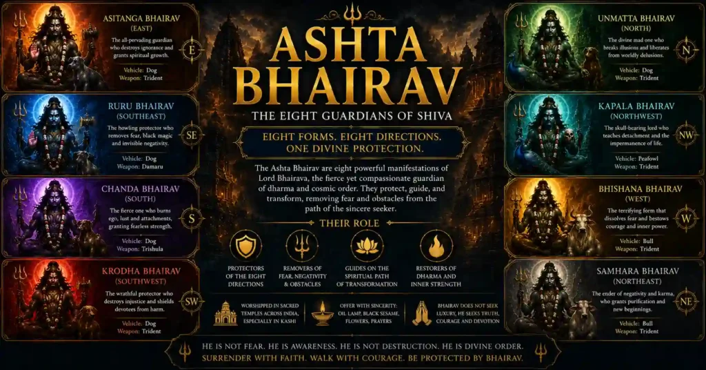 Ashta Bhairav infographic showing their forms, directions, worship traditions, spiritual meanings, and role in guiding seekers on the path of transformation.