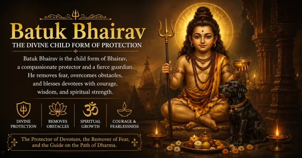 Devotional image of Batuk Bhairav seated with his sacred dog, symbolizing fearlessness, compassion, and spiritual strength
