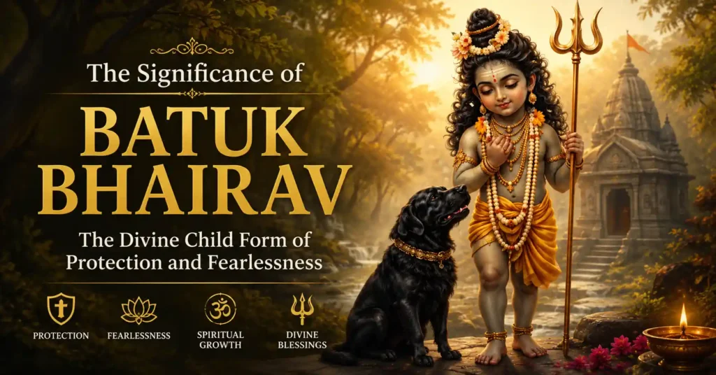 Illustration of Batuk Bhairav with his sacred dog, symbolizing protection, courage, and the removal of fear and obstacles