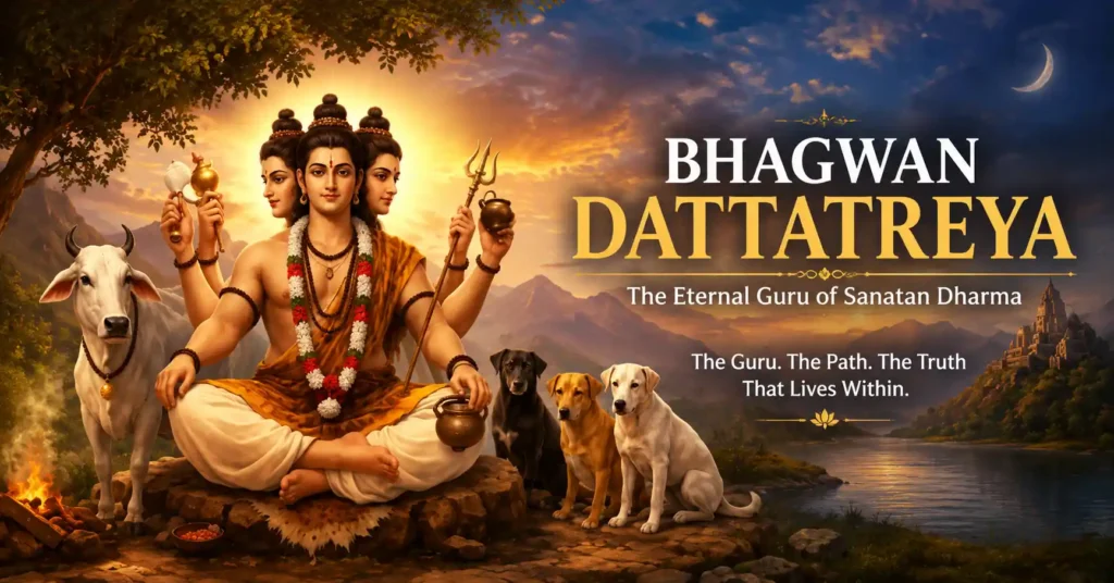 Bhagwan Dattatreya, the eternal Guru of Sanatan Dharma, depicted with three faces, sacred cow, and symbols of divine wisdom.