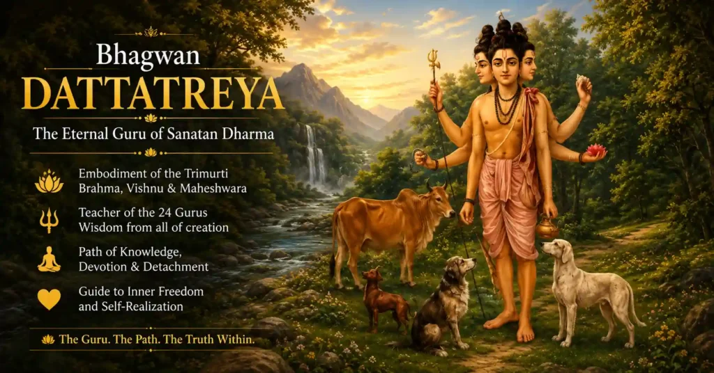 Bhagwan Dattatreya in nature illustrating the wisdom of the twenty-four gurus and the path of spiritual learning.