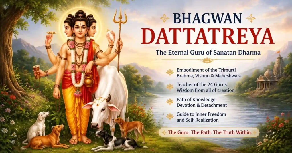 Bhagwan Dattatreya as the embodiment of Brahma, Vishnu, and Mahesh, representing Guru Tattva and divine wisdom.