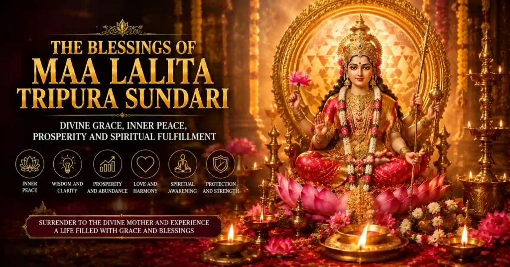 Devotees receiving the blessings of Maa Lalita Tripura Sundari including wisdom peace prosperity and spiritual growth