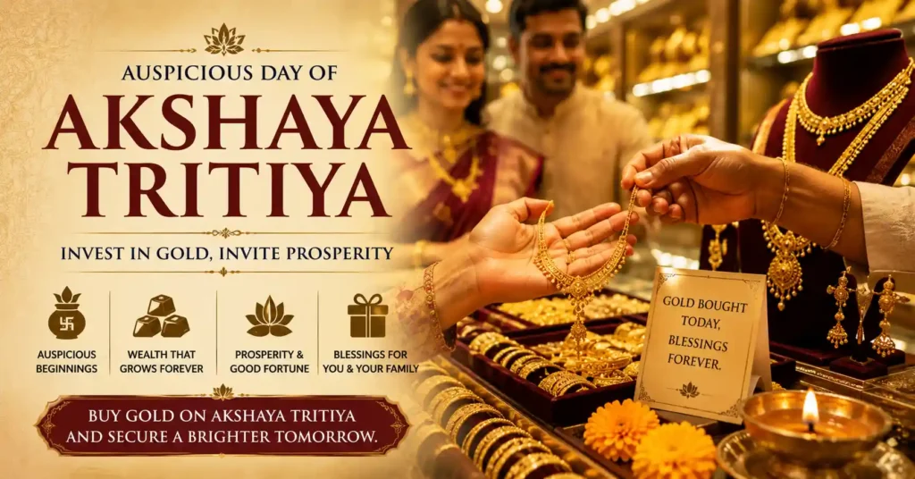 Family purchasing gold jewellery in a jewellery showroom on Akshaya Tritiya as a symbol of prosperity and new beginnings