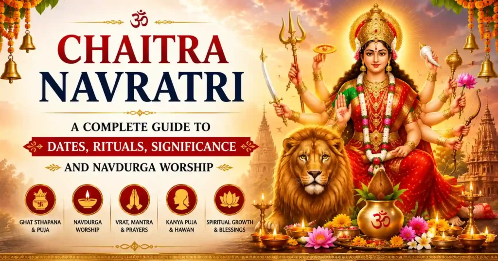 Goddess Durga during Chaitra Navratri with the festival guide covering rituals, Navadurga worship, vrat, and spiritual significance.
