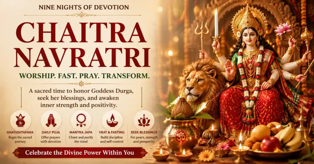 Chaitra Navratri worship with Goddess Durga, Kalash, diyas, and offerings symbolising devotion, discipline, and divine blessings.