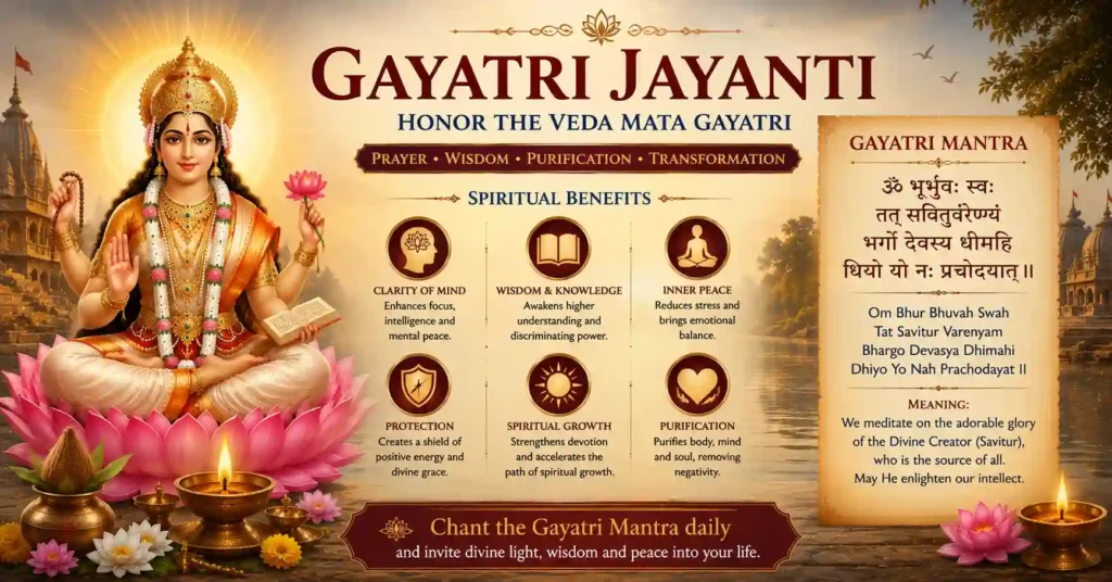 Veda Mata Gayatri with the Gayatri Mantra, highlighting wisdom, inner peace, and spiritual growth through daily chanting.